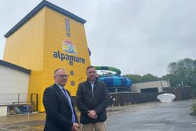 North Yorkshire Council deputy leader Councillor Gareth Dadd and Flamingo Land boss Gordon Gibb outside Alpamare water park in Scarborough