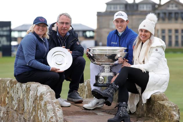 IT'S A FAMILY AFFAIR: Susan Fitzpatrick, Russell Fitzpatrick, Matt Fitzpatrick and Katherine Gaal celebrate with the trophy following day five of the 2023 Alfred Dunhill Links Championship at St Andrews. Picture: Steve Welsh/PA