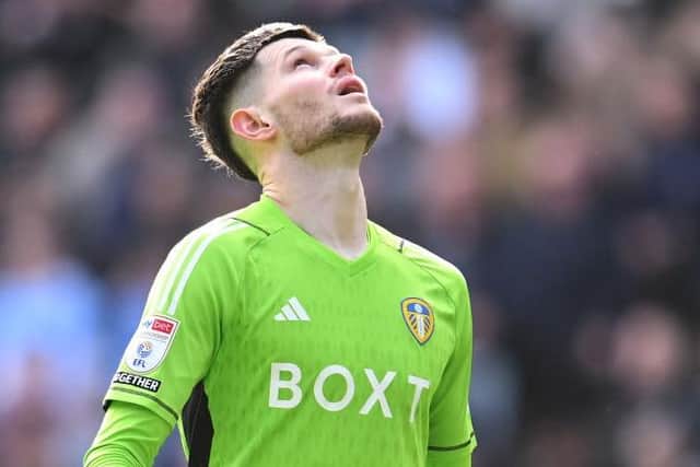 HEAVEN HELP US:  Leeds United goalkeeper Illan Meslier searches for answers