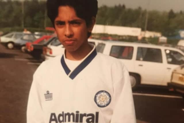 Sohail wearing his first Leeds United shirt when he was 14.