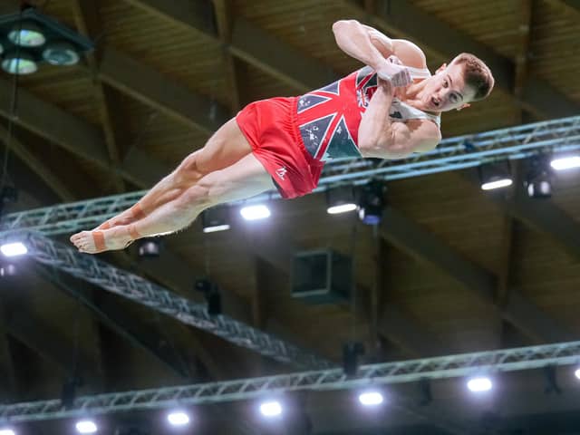 Leap of faith: Yorkshire's Luke Whitehouse in action for Great Britain at the European Championships in Rimini where he won gold on the floor routine. (Picture: Simone Ferraro)