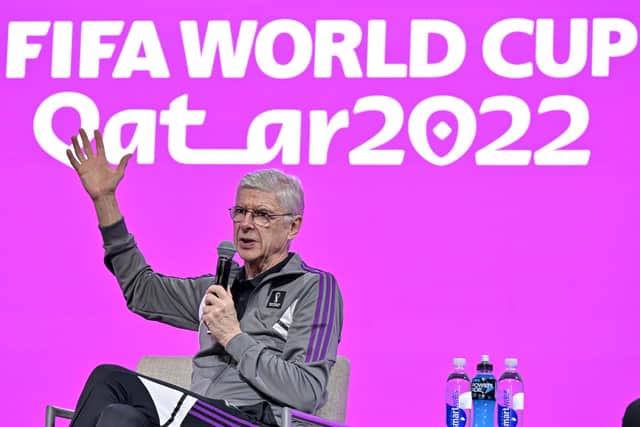 DOHA, QATAR - DECEMBER 04: (L-R) Chief of Global Football Development Arsène Wenger during the FIFA Technical Study Group Media Briefing at Main Media Center on December 4, 2022 in Doha, Qatar. (Photo by Pedro Vilela/Getty Images)