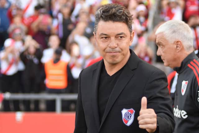 River Plate Argentine coach Marcelo Gallardo gestures before the start of the friendly football match between River Plate and Spain's Real Betis at the Malvinas Argentinas stadium in Mendoza, Argentina, on November 13, 2022. (Photo by ANDRES LARROVERE/AFP via Getty Images)