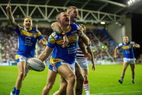 James Bentley celebrates scoring the Rhinos' second try. (Picture: Bruce Rollinson)
