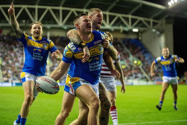 James Bentley celebrates scoring the Rhinos' second try. (Picture: Bruce Rollinson)