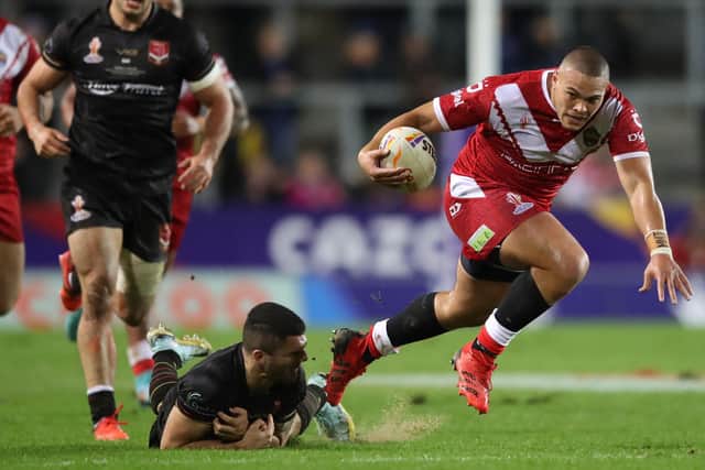 Tui Lolohea makes a break against Wales. (Photo by Jan Kruger/Getty Images for RLWC)