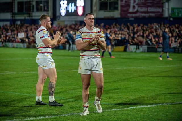 Matty Ashurst applauds the Wakefield fans at full-time. (Photo: Bruce Rollinson)