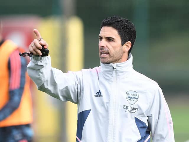 ST ALBANS, ENGLAND - OCTOBER 12: Arsenal manager Mikel Arteta during a training session at London Colney on October 12, 2022 in St Albans, England. (Photo by Stuart MacFarlane/Arsenal FC via Getty Images)