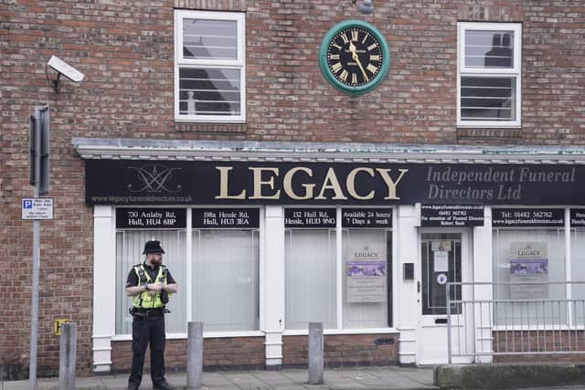 Police outside the Beckside branch of Legacy Independent Funeral Directors in Hull after reports of "concern for care of the deceased".