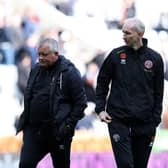 NEWCASTLE UPON TYNE, ENGLAND - APRIL 27: Chris Wilder, Manager of Sheffield United (L), looks dejected after the team's defeat, which confirms Sheffield United's relegation from the Premier League, in the Premier League match between Newcastle United and Sheffield United at St. James Park on April 27, 2024 in Newcastle upon Tyne, England. (Photo by Ian MacNicol/Getty Images)