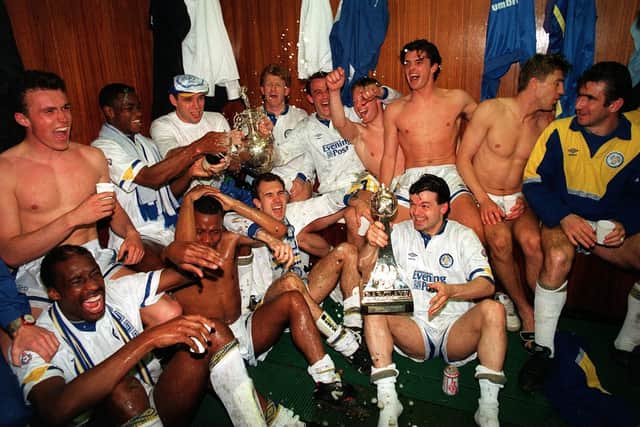 WE ARE THE CHAMPIONS: Leeds United celebrate winning the 1992 First Division. Back row, from the left, Jon Newsome, Chris Fairclough, Mel Sterland, Gordon Strachan, Gary McAllister, David Batty, Gary Speed, Lee Chapman, Eric Cantona. Front row from the left, Chris White, Rod Wallace, Tony Dorigo and Steve Hodge.