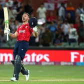 England captain Jos Buttler celebrates their win in the ICC men's Twenty20 World Cup 2022 semi-final against India in Adelaide (Picture: SURJEET YADAV/AFP /AFP via Getty Images)