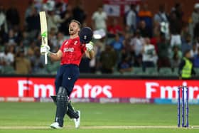 England captain Jos Buttler celebrates their win in the ICC men's Twenty20 World Cup 2022 semi-final against India in Adelaide (Picture: SURJEET YADAV/AFP /AFP via Getty Images)