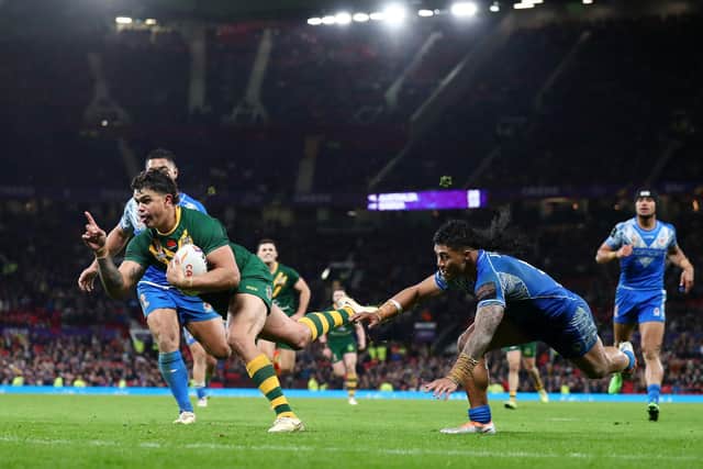 Latrell Mitchell of Australia touches down for his second try. (Photo by George Wood/Getty Images)