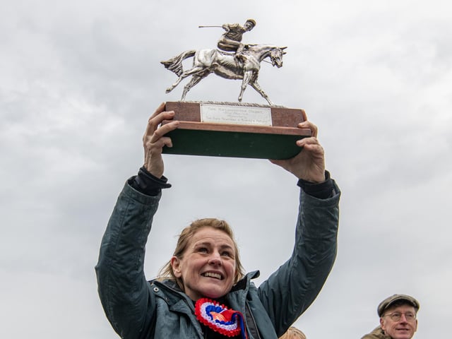 Julie Campbell aboard Merlin winner of the 505th Kiplingcotes Derby run on the Yorkshire Wolds near Market Weighton, the oldest horse race the world, photographed by Tony Johnson for The Yorkshire Post. 21th March 2024