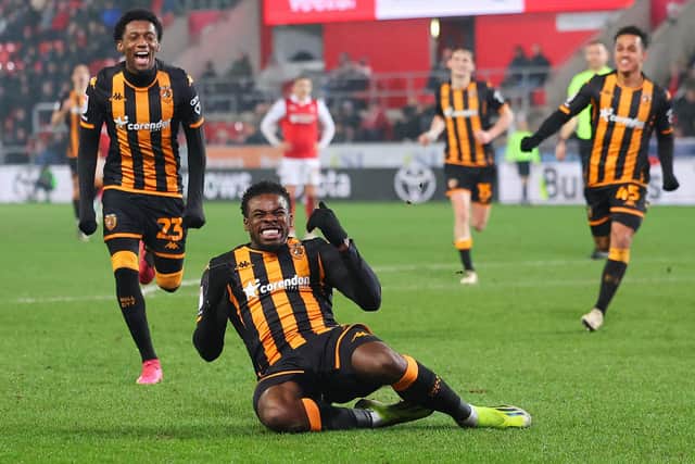 TIGERS FEAT: Noah Ohio celebrates his first Hull City, Tuesday's winner at Rotherham United