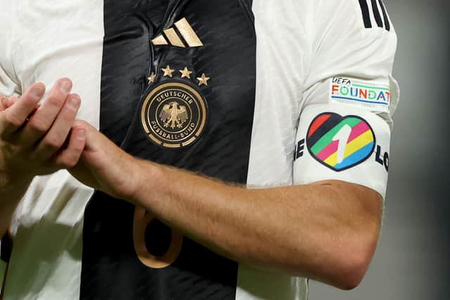 LEIPZIG, GERMANY - SEPTEMBER 23: The Captains 1 Love armband of Germany during the UEFA Nations League League A Group 3 match between Germany and Hungary at Red Bull Arena on September 23, 2022 in Leipzig, Germany. Harry Kane plans to wear a similar one for England today (Photo by Alexander Hassenstein/Getty Images)