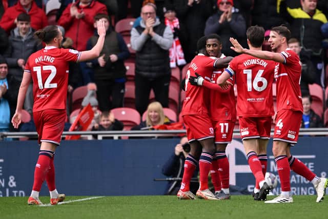 MIDDLESBROUGH, ENGLAND - APRIL 01: Middlesbrough player Isaiah Jones (11) is congratulated by team mates after scoring the second goal during the Sky Bet Championship match between Middlesbrough and Sheffield Wednesday at Riverside Stadium on April 01, 2024 in Middlesbrough, England. (Photo by Stu Forster/Getty Images) (Photo by Stu Forster/Getty Images)