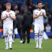 LEEDS, ENGLAND - OCTOBER 23: Joe Gelhardt and Sam Greenwood of Leeds United applaud the fans following the Premier League match between Leeds United and Fulham FC at Elland Road on October 23, 2022 in Leeds, England. (Photo by George Wood/Getty Images)