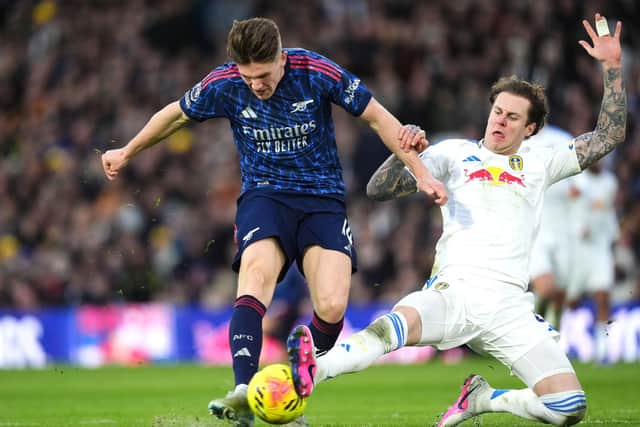Arsenal's Viktor Gyokeres (left) and Leeds United's Joe Rodon battle for the ball during the Premier League match at Elland Road, Leeds. Picture: Mike Egerton/PA Wire.