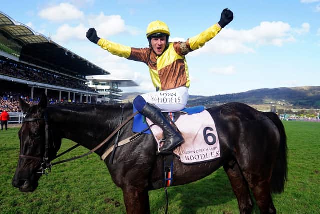 Jockey Paul Townend celebrates on Galopin Des Champs after winning the Boodles Cheltenham Gold Cup (Picture: David Davies/PA Wire for The Jockey Club)