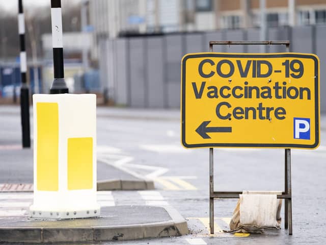 A sign outside the Elland Road Leeds COVID Vaccination Centre. PIC: Danny Lawson/PA Wire