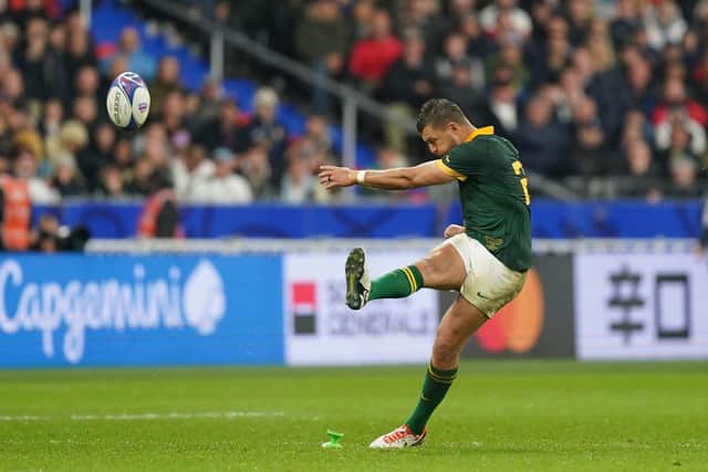 CRUEL MOMENT: South Africa's Handre Pollard kicks the late winning penalty to knock England out of the World Cup in Paris. Picture: Mike Egerton/PA