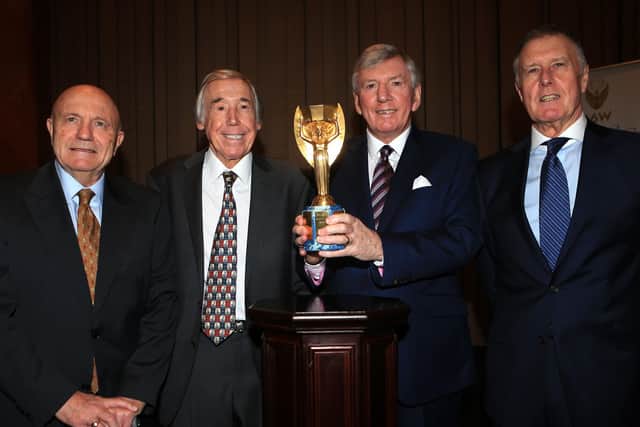 BLAST FROM THE PAST: Former England and World Cup winning players (left to right) George Cohen, Gordon Banks, Martin Peters and Sir Geoff Hurst with the Jules Rimet trophy at the Royal Garden Hotel, Kensington in January 2016. Picture: Adam Davy/PA Wire
