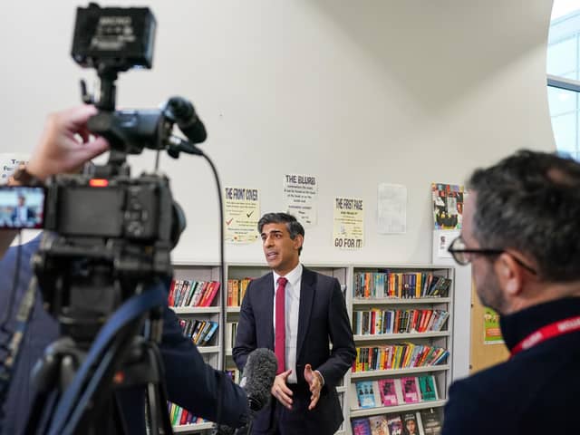 Prime Minister Rishi Sunak speaks with media as he visits a school to outline plans for the banning of single use vapes. PIC: Ian Forsyth/PA Wire