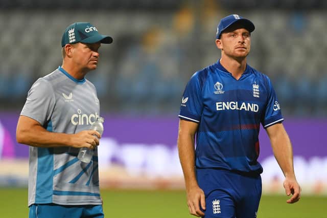 Plenty to ponder... it has been a tough year for England white-ball coach Matthew Mott, left, and captain Jos Buttler. Photo by Gareth Copley/Getty Images.