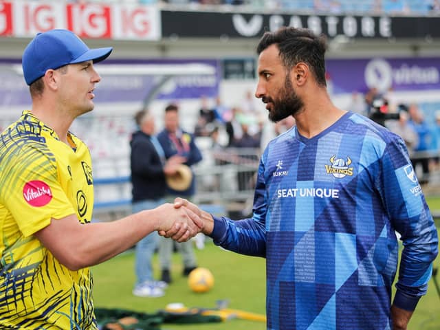 Shan Masood shakes hands with fellow captain Alex Lees, the former Yorkshire batsman, before his team's defeat against Durham. Picture by Alex Whitehead/SWpix.com