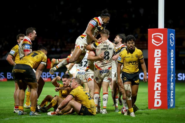 Bradford celebrate Ebon Scurr's try against Castleford. (Photo: Ed Sykes/SWpix.com)
