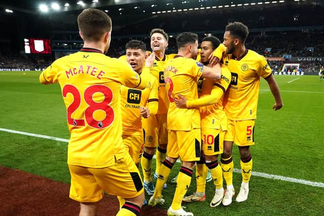 HOPE: Sheffield United's Cameron Archer (second right) celebrates scoring at Villa Park, Birmingham. Picture: Nick Potts/PA