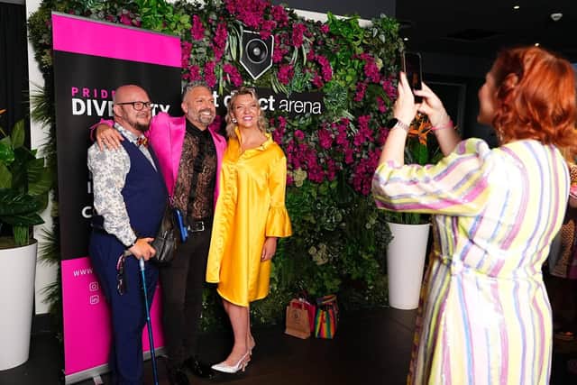 (Left to right) DK Green, Positive Role Model of the Year winner, Matt Jameson, awards host, Becky Measures, BBC Radio Presenter and Rebecca Hopwood Founder of Youbee Media - Pride in Diversity Awards marketing partner.