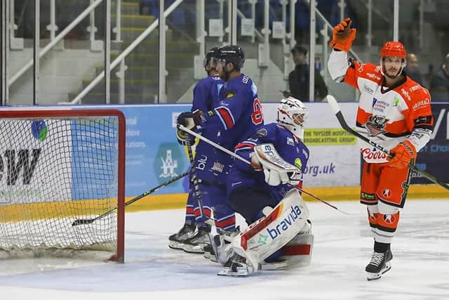 Martin Latal (far right) celebrates his goal for Sheffield Steelers in the 7-1 win at Dundee Stars on Sunday night. Picture courtesy of Derek Black/EIHL.