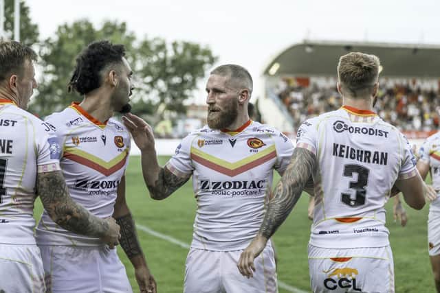 Tyrone May, second left, spent two years with Sam Tomkins, second right,  at Catalans. (Photo: Rémi Vignaud/Catalans Dragons/SWpix.com)