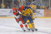 FAMILIAR FACES: Sheffield's Bailey Yates and Leeds' Sam Dunn (right) battle for puck possession during the pre-season clash between the Yorkshire rivals in September. Picture: Charlotte Clarke/Knights Media.