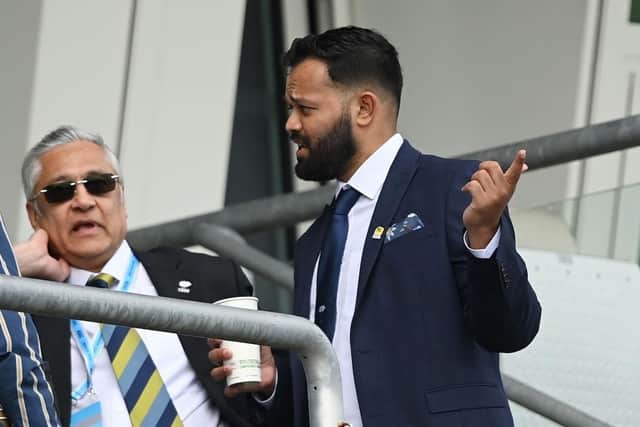 Former Yorkshire player Azeem Rafiq speaks to Yorkshire Chair, Lord Patel  during Day Three of the Third LV= Insurance Test Match at Headingley on June 25, 2022 in Leeds, England. (Picture: Alex Davidson/Getty Images)