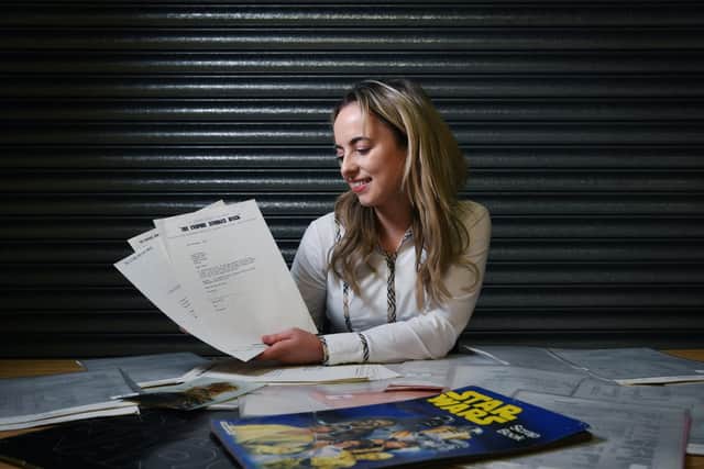 Eleanor Williams looks through Star Wars script and fact sheets sent to Peter Mayhew, who played Chewbacca. Photographed for The Yorkshire Post by Jonathan Gawthorpe.