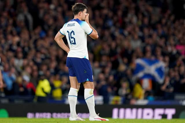 Harry Maguire reacting after scoring an own goal oast Aaron Ramsdale at Hampden Park on Tuesday night. Picture: Andrew Milligan/PA Wire