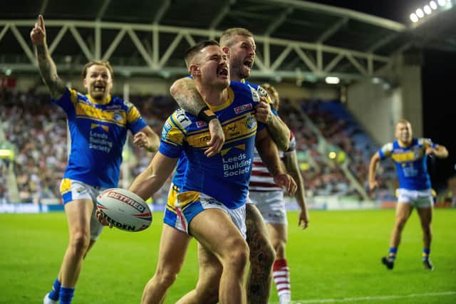 James Bentley celebrates a try against Wigan Warriors in the play-offs. (Picture: Bruce Rollinson)