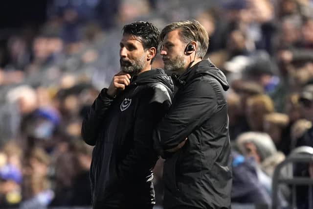 Portsmouth manager Danny Cowley and assistant coach and brother Nicky (right) Picture: Andrew Matthews/PA