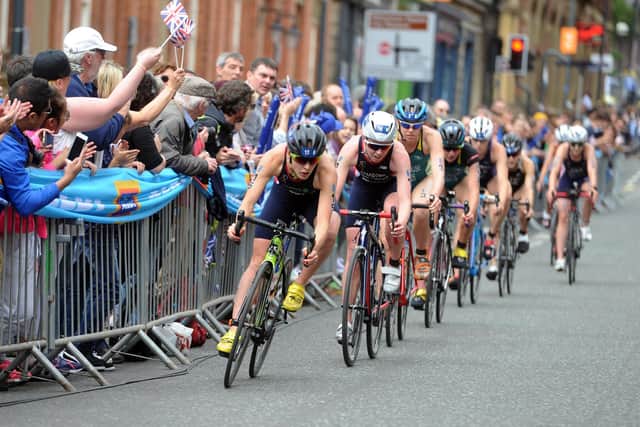 Jess Learmonth leads Non Stanford down Cookridge Street in the Elite Womens Race in the World Series event in Leeds in 2017 (Picture: Tony Johnson)