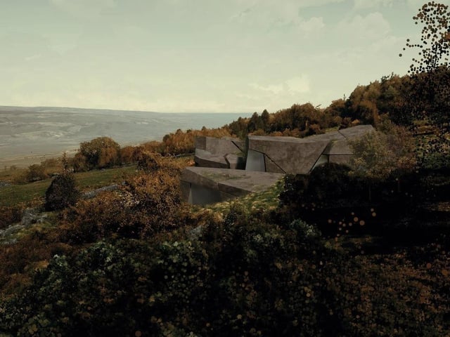 Artist impression of the proposed Dwellinghouse, in Ilkley, near Bradford. The purpose of the design was to create a landscape in which the new building would sit naturally.