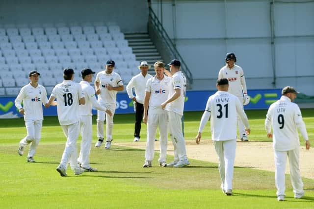 Steve Patterson celebrates getting the prize wicket of Sir Alastair Cook. Picture Jonathan Gawthorpe