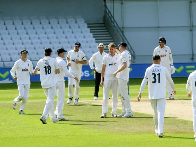 Steve Patterson celebrates getting the prize wicket of Sir Alastair Cook. Picture Jonathan Gawthorpe