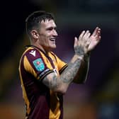 BRADFORD, ENGLAND - AUGUST 09: Andy Cook of Bradford City applauds the fans following victory in the Carabao Cup First Round match between Bradford City and Hull City at University of Bradford Stadium on August 09, 2022 in Bradford, England. (Photo by George Wood/Getty Images)