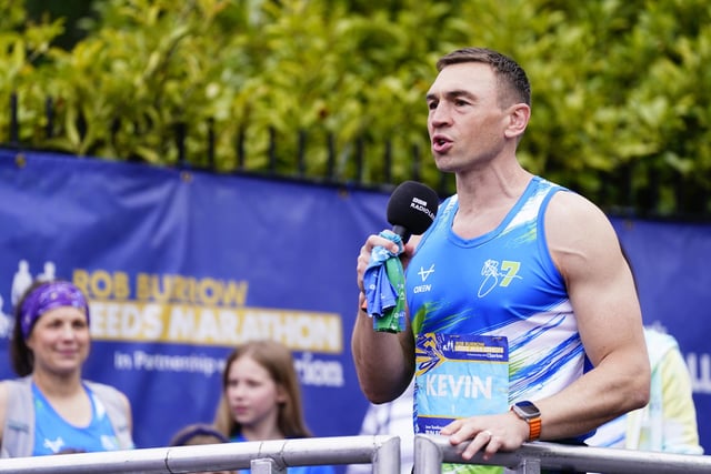 Kevin Sinfield speaks to the crowd before the Rob Burrow Leeds Marathon.Danny Lawson/PA Wire.
