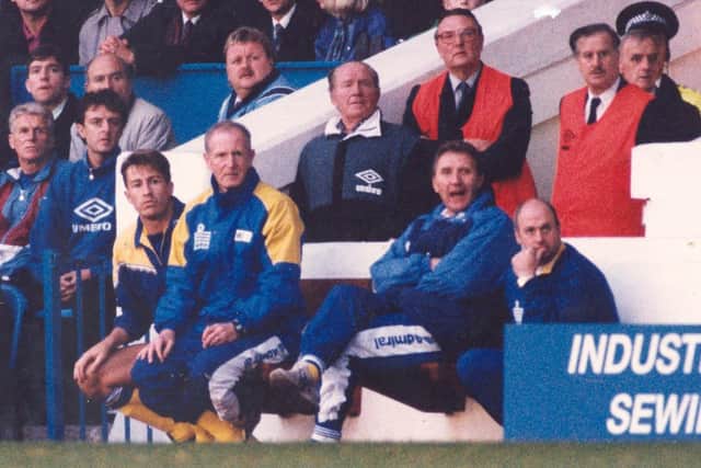 WORDS OF WISDOM: Coach Mick Hennigan second from the left on the Leeds United bench at Maine Road in 1992