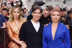 Library image of (left to right) Emily Blunt, Cillian Murphy and Florence Pugh, arriving for the photo call for Oppenheimer at Trafalgar Square in London. (Photo by Ian West/PA Wire)